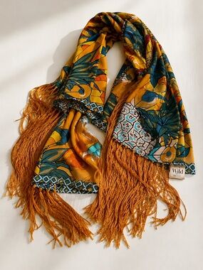 Wild Gold Floral Fringe Scarf with Teal and White Accents